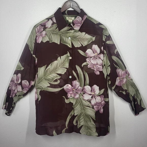 Tommy Bahama Tropical Floral 100% Silk Long Sleeve Sheer Button Down Shirt - Picture 13 of 13